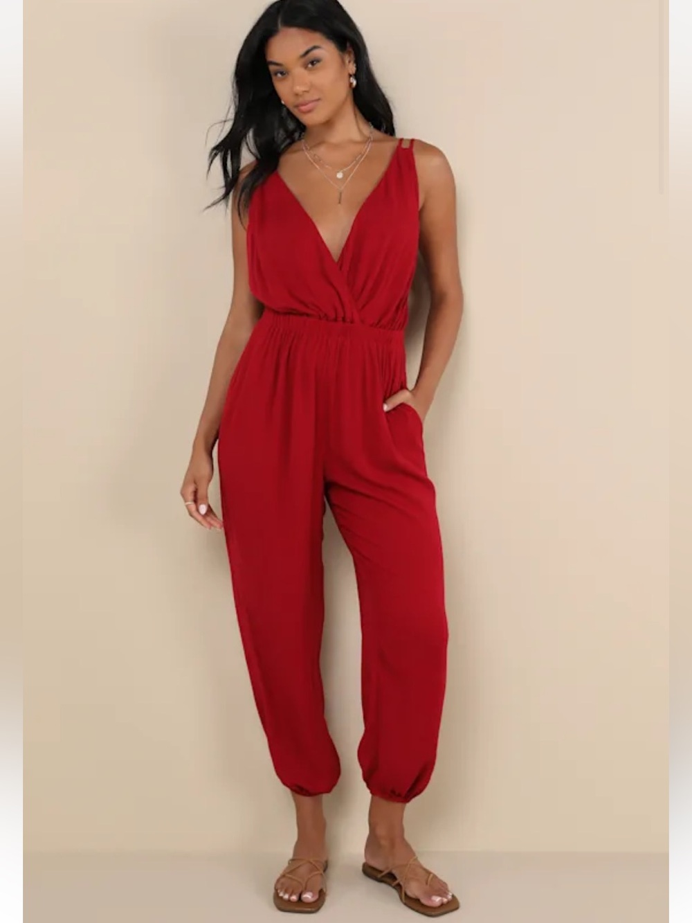 Truly Effortless Wine Red Surplice Tie-Back Jogger Jumpsuit